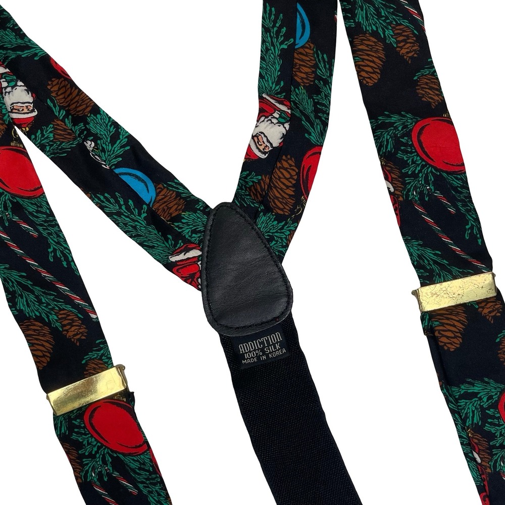 Vintage Addiction Silk Suspenders Christmas Holiday Black Santa Pinecone Braces